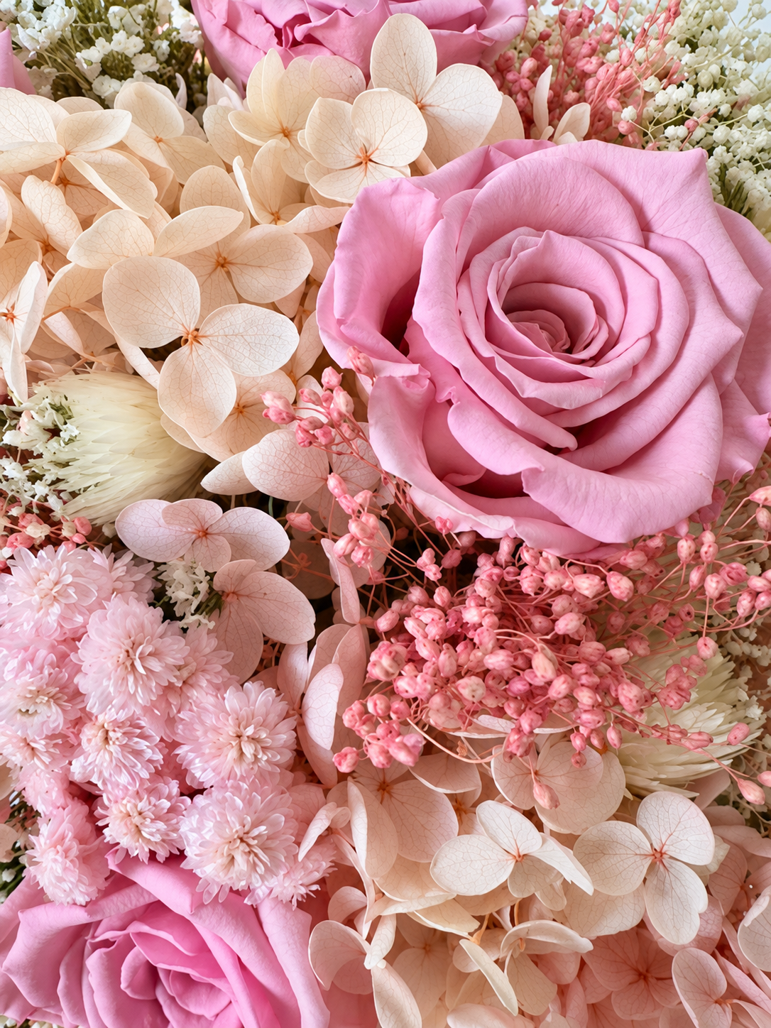 Dettaglio di Promessa di Rosa: rosa rosa stabilizzata tra ortensie pesca e fiori rosa.