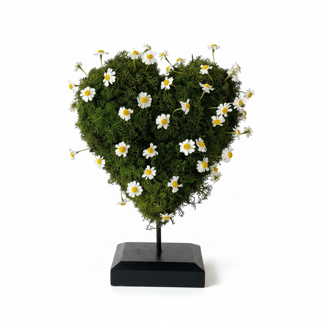 Cuore di Camomilla – composizione botanica con muschio naturale e margherite stabilizzate – UNICO BOUQUET