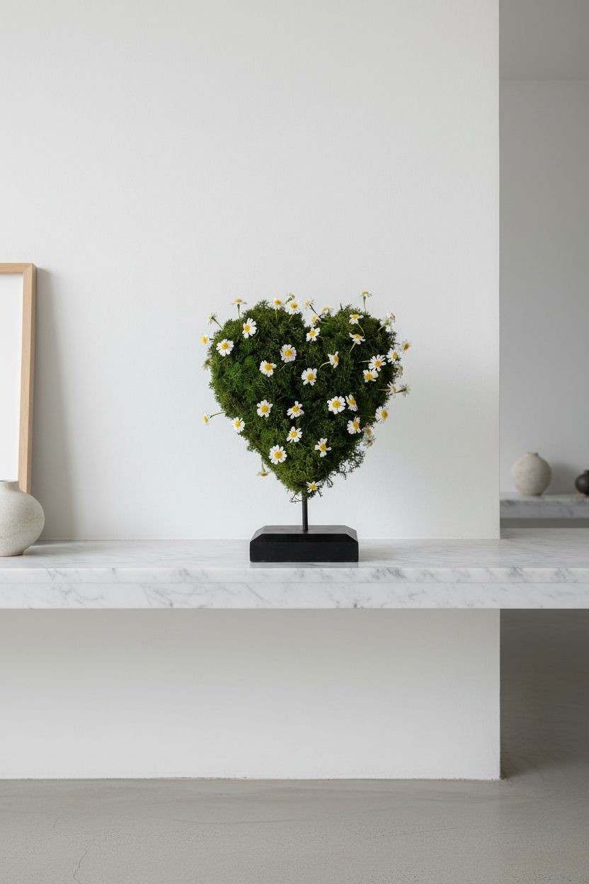 Cuore di Camomilla – dettaglio margherite di camomilla e muschio naturale – UNICO BOUQUET