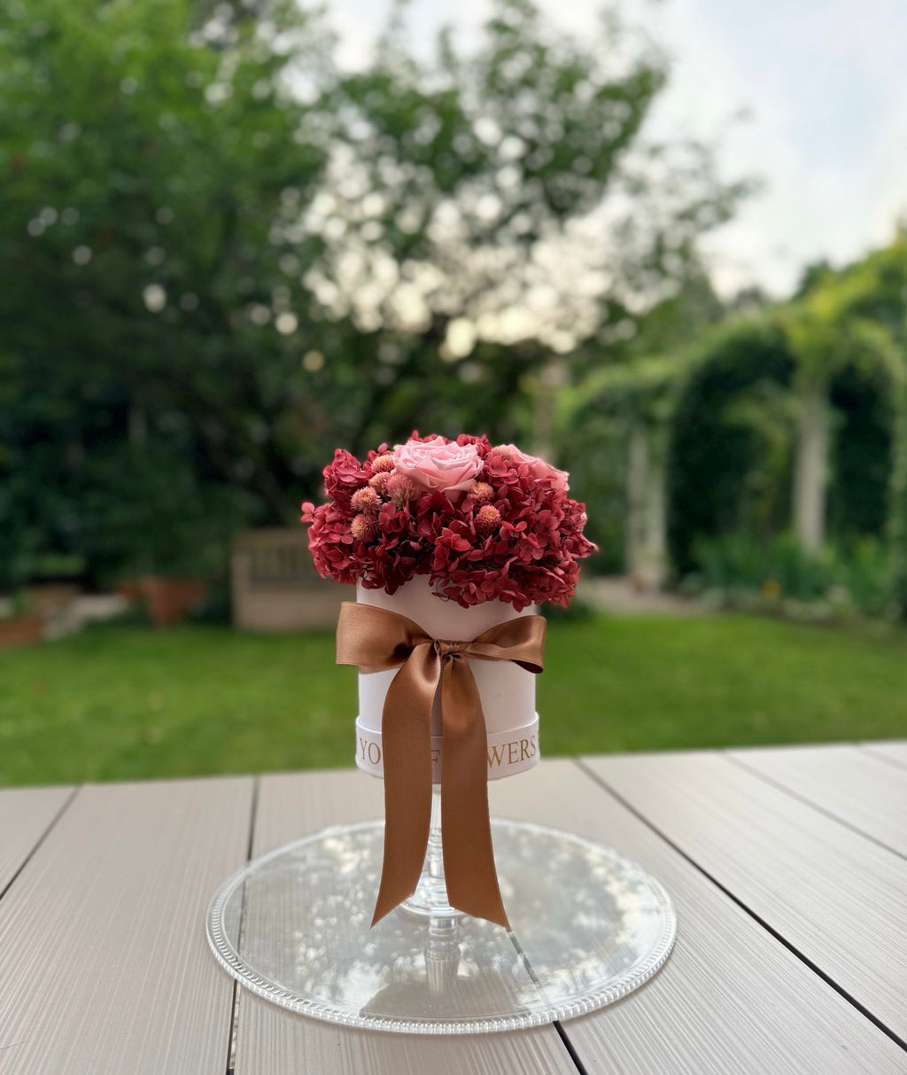 Rubino Rosé – regalo di lusso in rose e ortensie stabilizzate, handmade in Italia