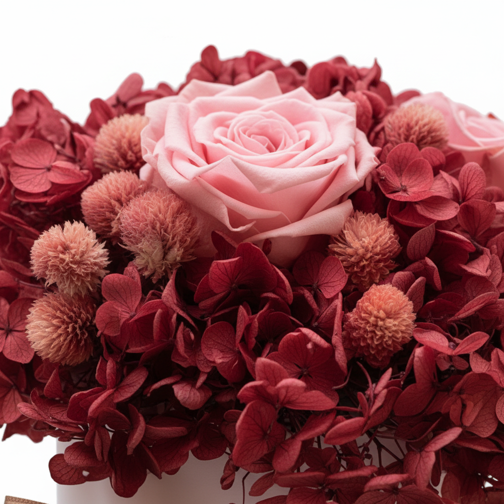 Rubino Rosé – dettaglio rose rubino e ortensie rosa cipria in signature box