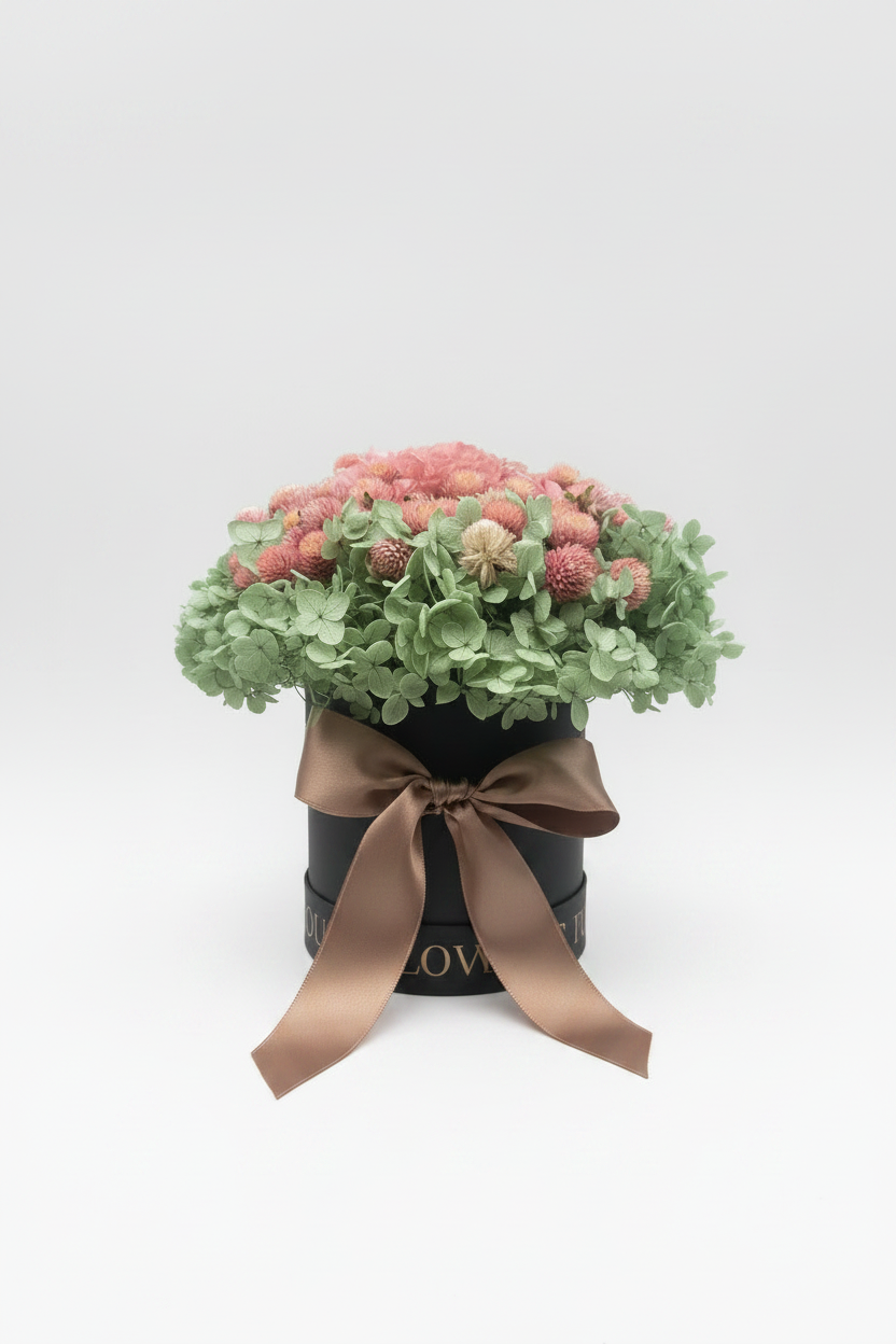 Giardino di Seta – bouquet ortensie stabilizzate verde salvia e rosa cipria – UNICO BOUQUET