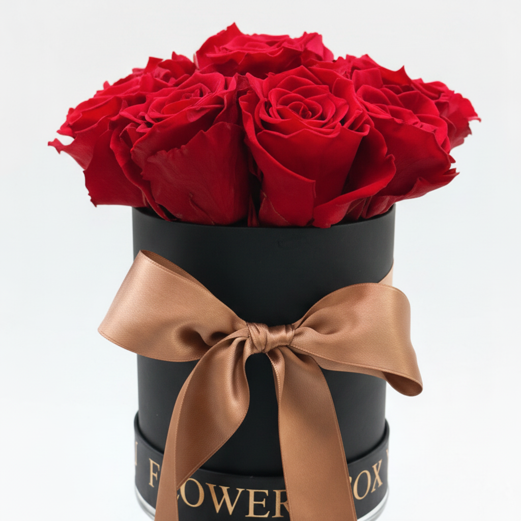 Rosso di Seta · 9 rose – bouquet di rose rosse stabilizzate in box nera – UNICO Bouquet