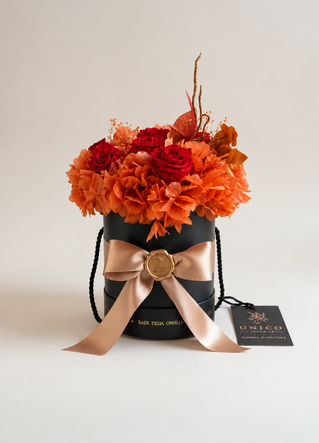 Amaranto visto di tre quarti: bouquet autunnale di fiori stabilizzati in cappelliera nera con manici in corda e fiocco champagne.