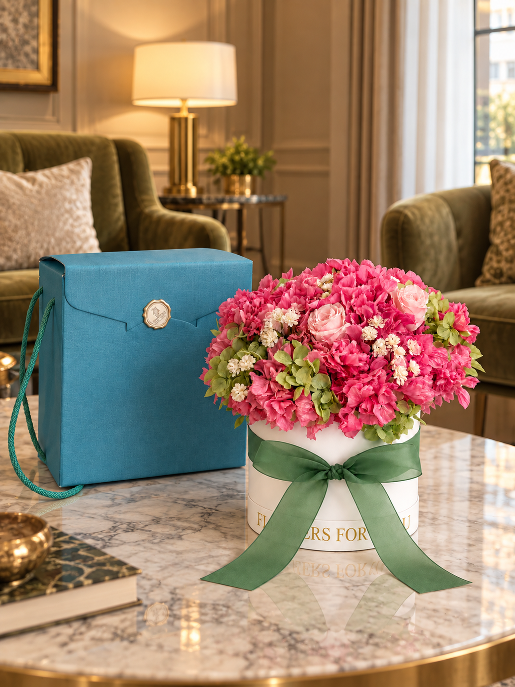 Giardino Segreto su un tavolino in marmo in un salotto elegante, accanto a una borsa turchese: fiori stabilizzati rosa.