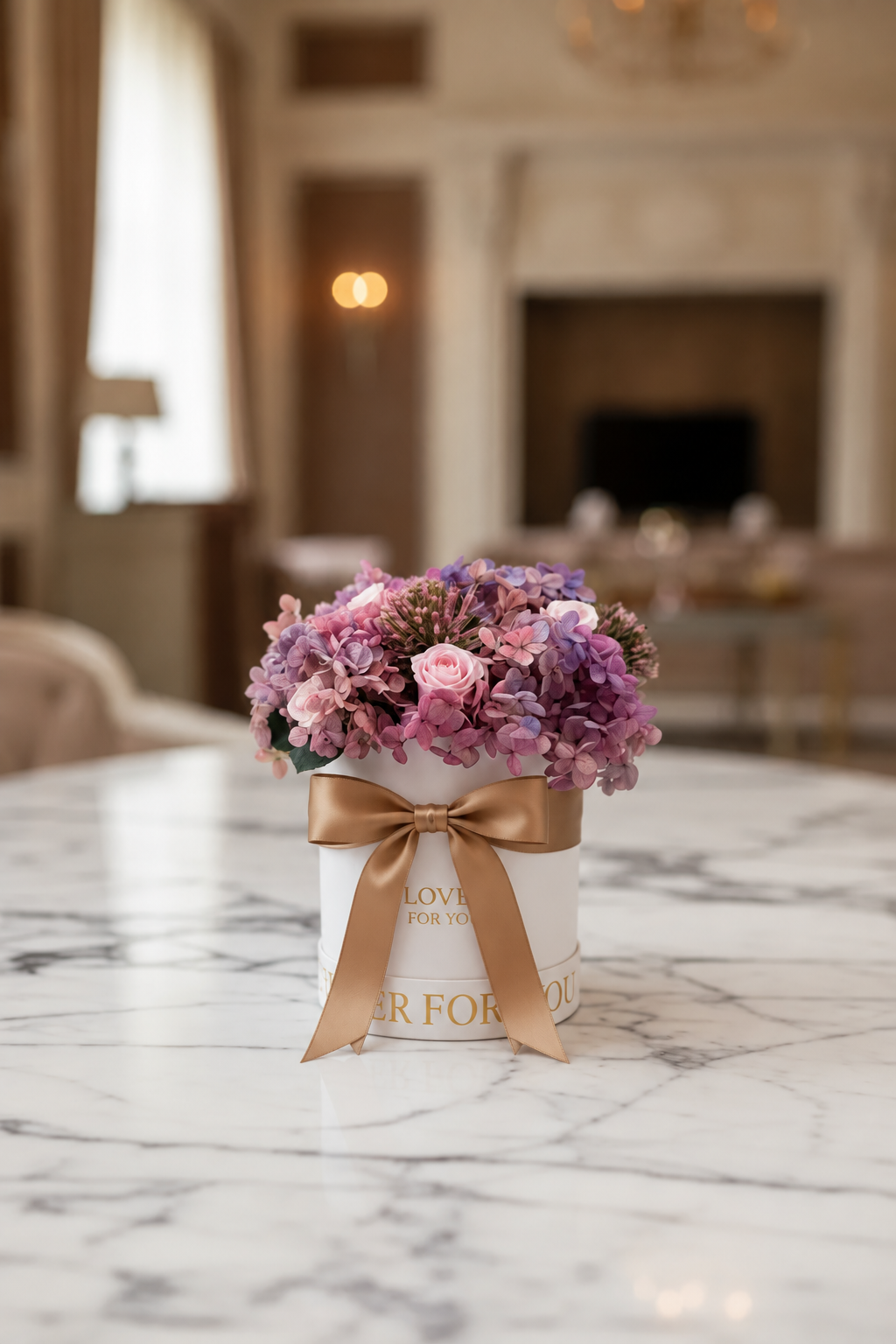 Nuvola di Seta su un tavolo in marmo nella hall di un hotel di lusso: fiori stabilizzati malva in cappelliera bianca.