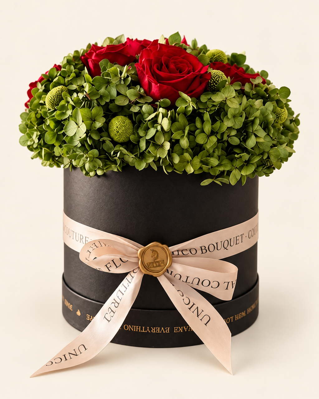 Rosso Bosco: rose rosse e ortensie verdi in cappelliera nera con nastro champagne e sigillo dorato, su fondo avorio.