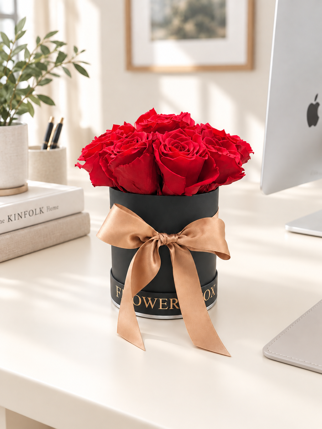 Rosso di Seta: rose rosse stabilizzate in scatola nera con fiocco champagne su una scrivania avorio, accanto a un computer.