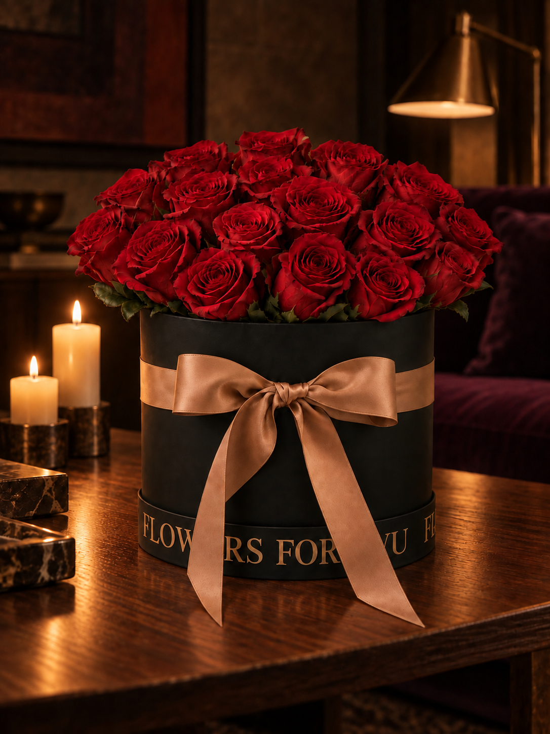 Rosso Imperiale a lume di candela: ventuno rose rosse stabilizzate in cappelliera nera con fiocco champagne su tavolo in legno.