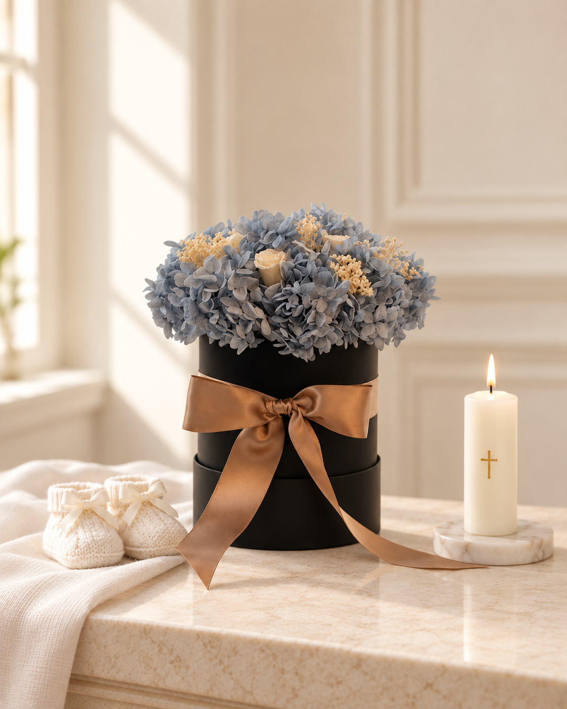 Box nero con fiori azzurri e avorio, scarpette e candela per il battesimo