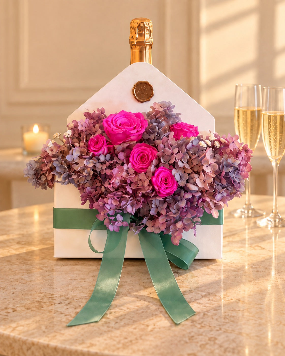 Box a busta con rose fucsia e ortensie malva, champagne e calici