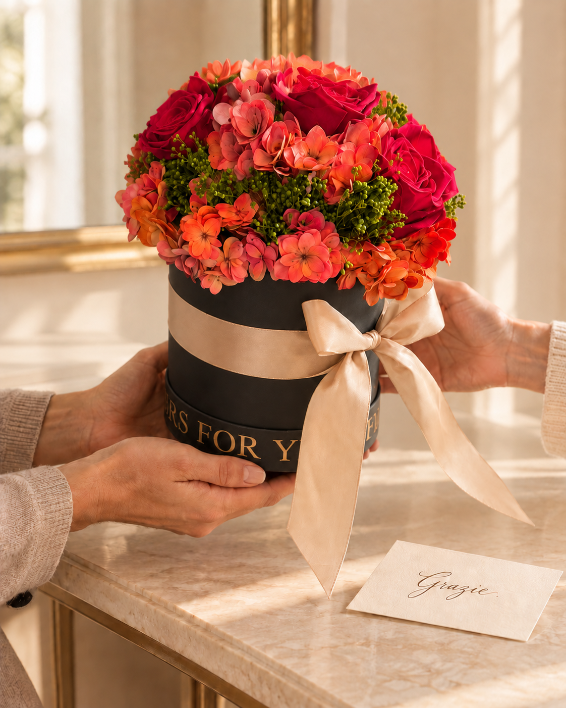 Box cilindrico nero con rose rosse, ortensie corallo e fiocco champagne