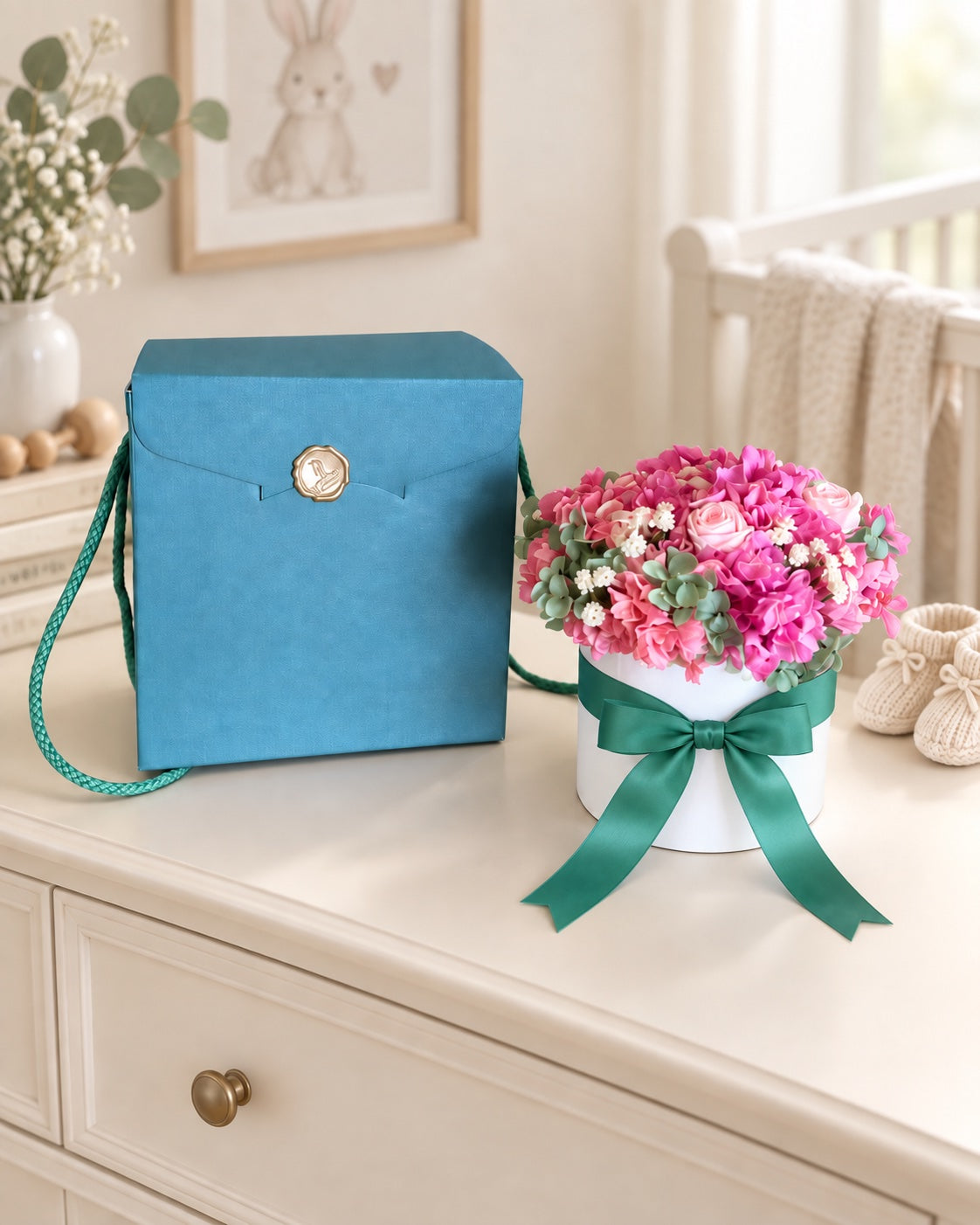 Box bianco con fiori rosa, fiocco verde e confezione regalo per una nascita