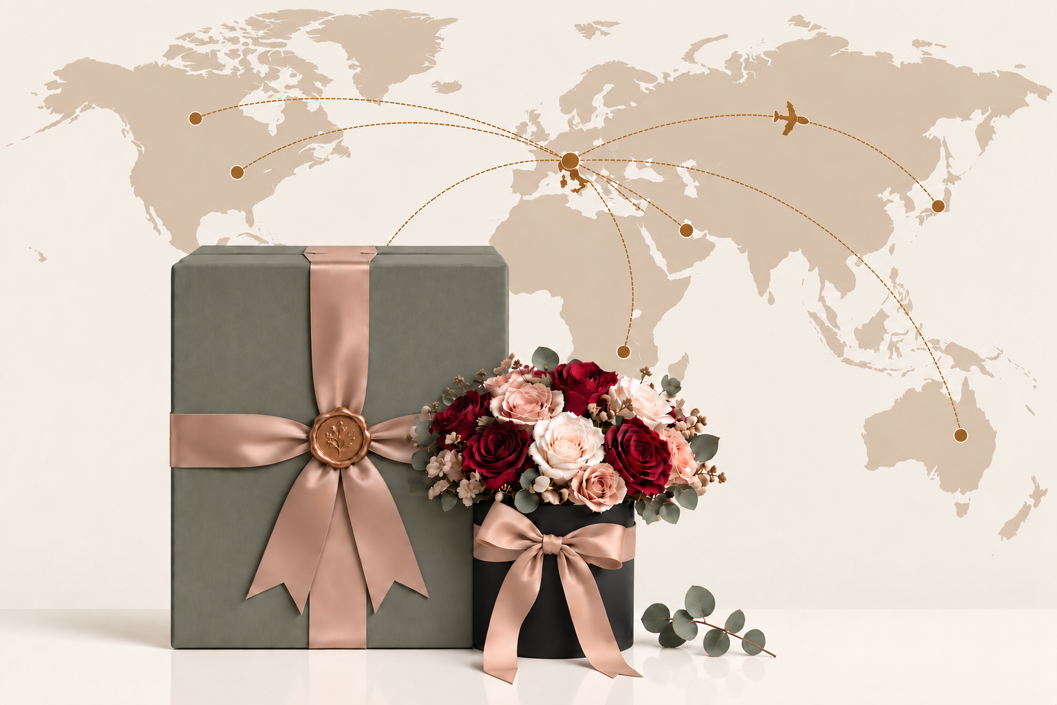 Bouquet e scatola verde salvia con sigillo dorato davanti a una mappa del mondo con rotte dall’Italia